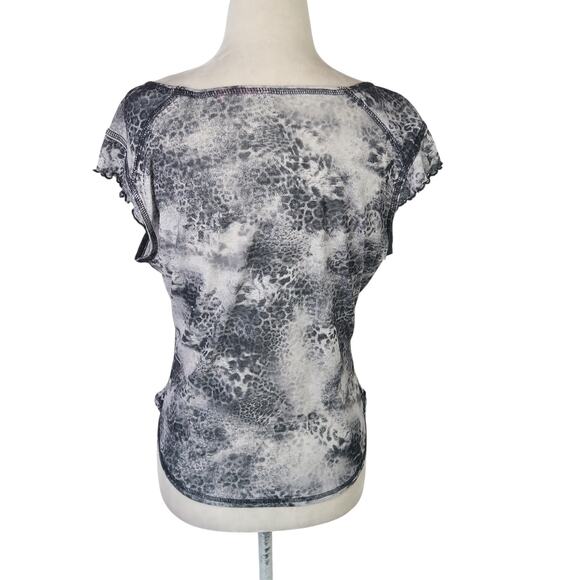 Vintage 90s/Y2K Grey Leopard Sheer Mesh Wide Boatneck Tee M - Picture 4 of 6